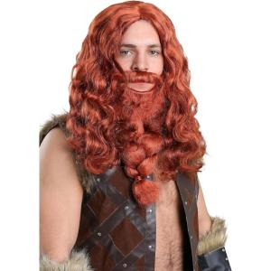 Viking Warrior Red Hair and Beard Set – Long Wig and Braided Facial Hair for Adult Costume