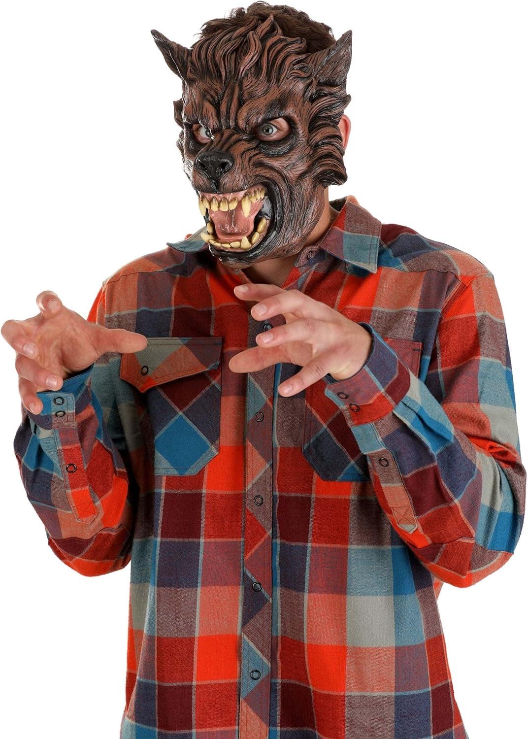 imageFun Costumes Adults Brown Wolf Costume Halloween Mask Werewolf Masks with Realistic Fur Scary Animal Face Mask Standard BrownStandard