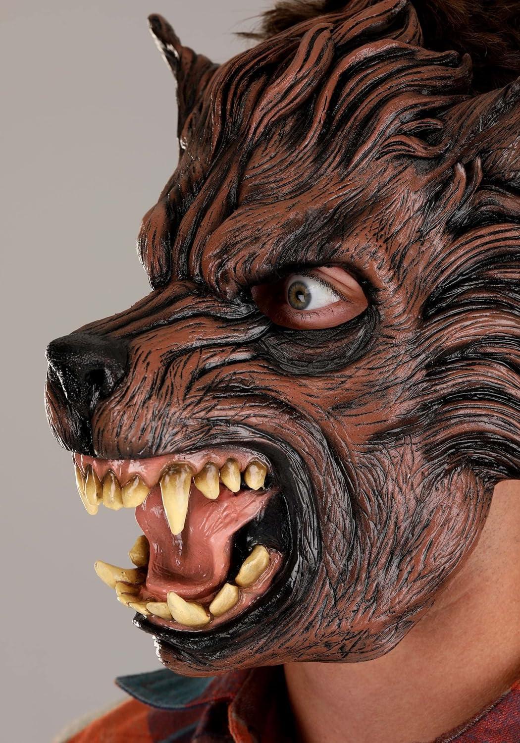 imageFun Costumes Adults Brown Wolf Costume Halloween Mask Werewolf Masks with Realistic Fur Scary Animal Face Mask Standard BrownStandard