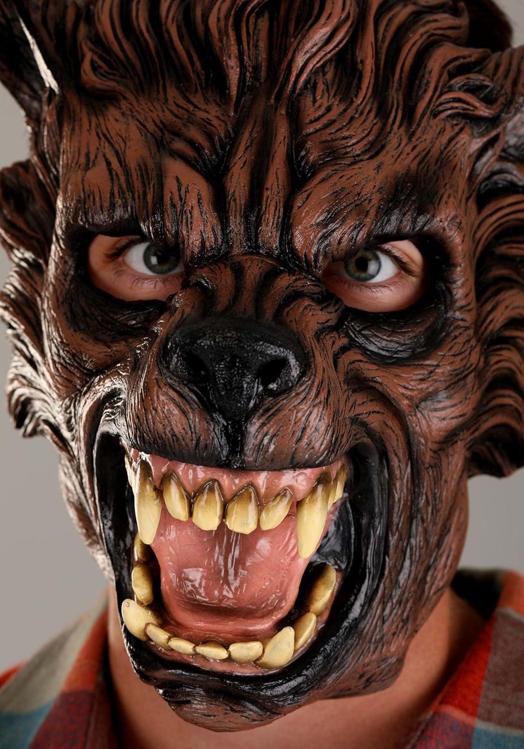 imageFun Costumes Adults Brown Wolf Costume Halloween Mask Werewolf Masks with Realistic Fur Scary Animal Face Mask Standard BrownStandard