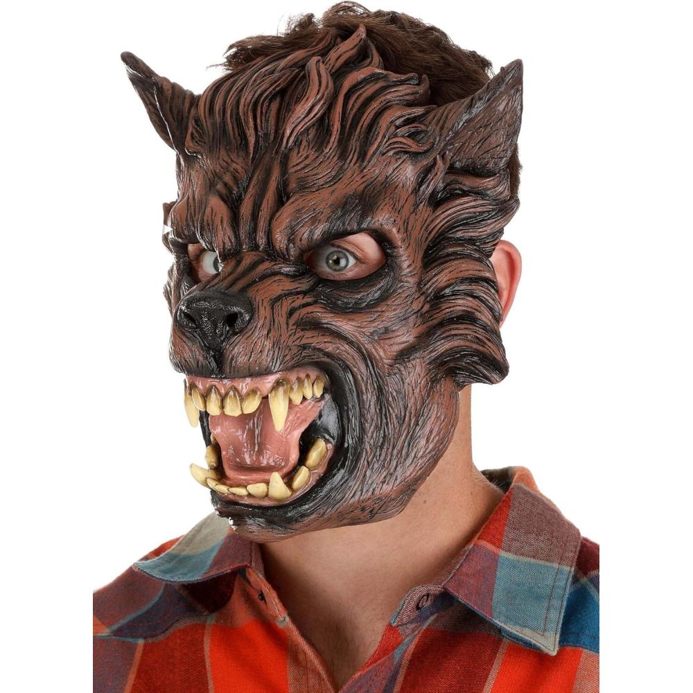 imageFun Costumes Adults Brown Wolf Costume Halloween Mask Werewolf Masks with Realistic Fur Scary Animal Face Mask Standard BrownStandard