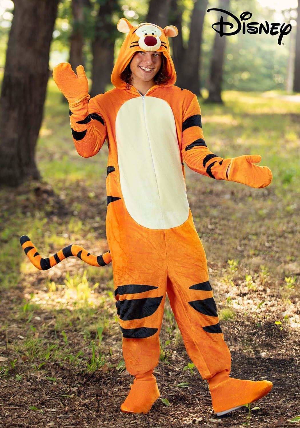 imageDisneys Winnie the Pooh Deluxe Tigger Dress for Adults Tigger Hooded Onesie Outfit for Men and Women Halloween Costume