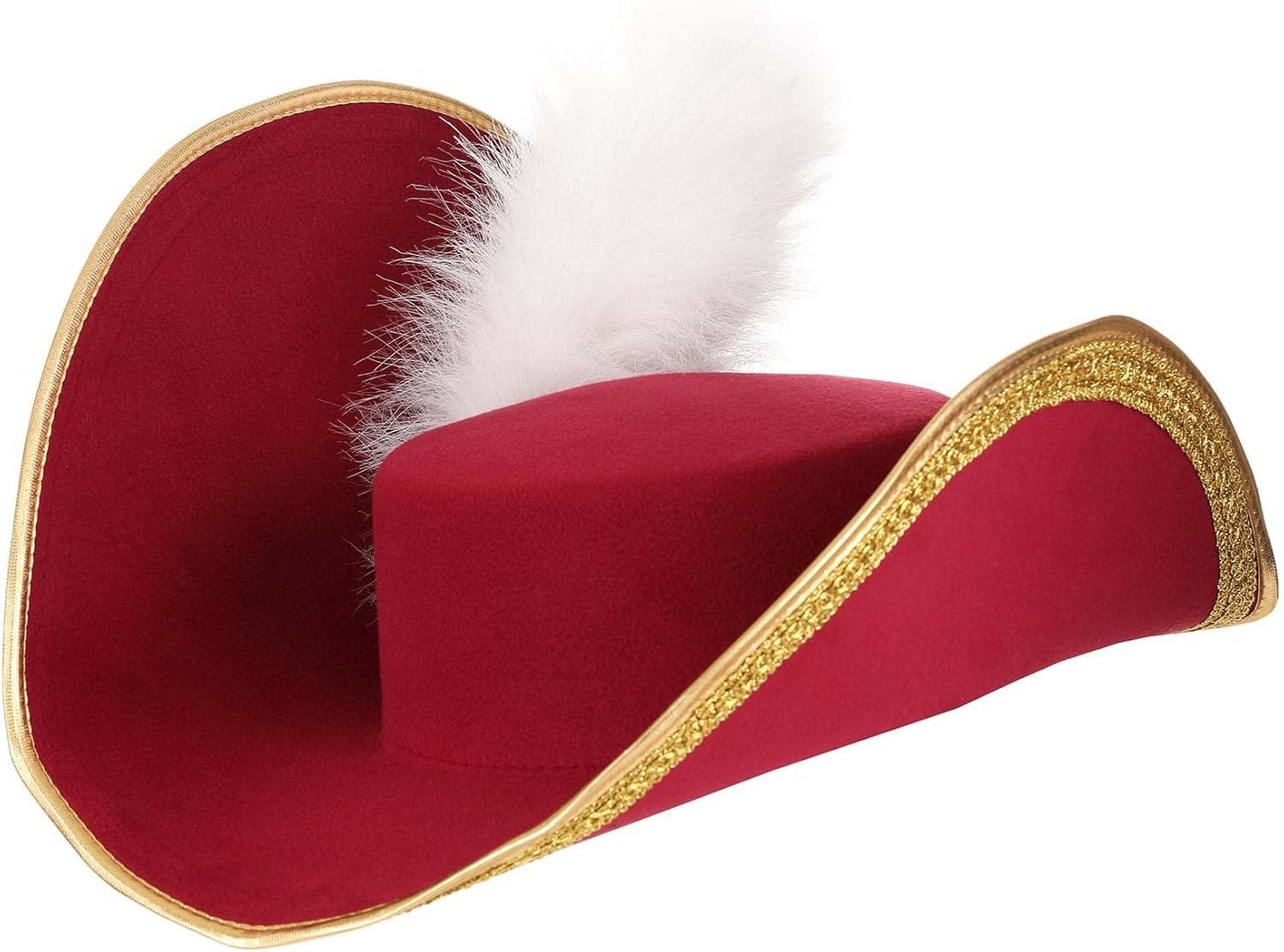 imagePremium Red Captain Hook Hat  Molded Felt Pirate Hat with Faux Fur Feather