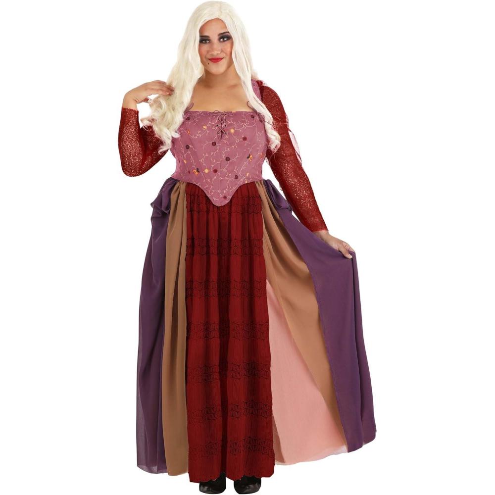 imageFun Costumes Womens Plus Size Sarah Sanderson Costume  Authentic Disney Hocus Pocus Outfit Corset with Sleeves Skirt ampamp Blonde Wig  3X  Pink Purple Red