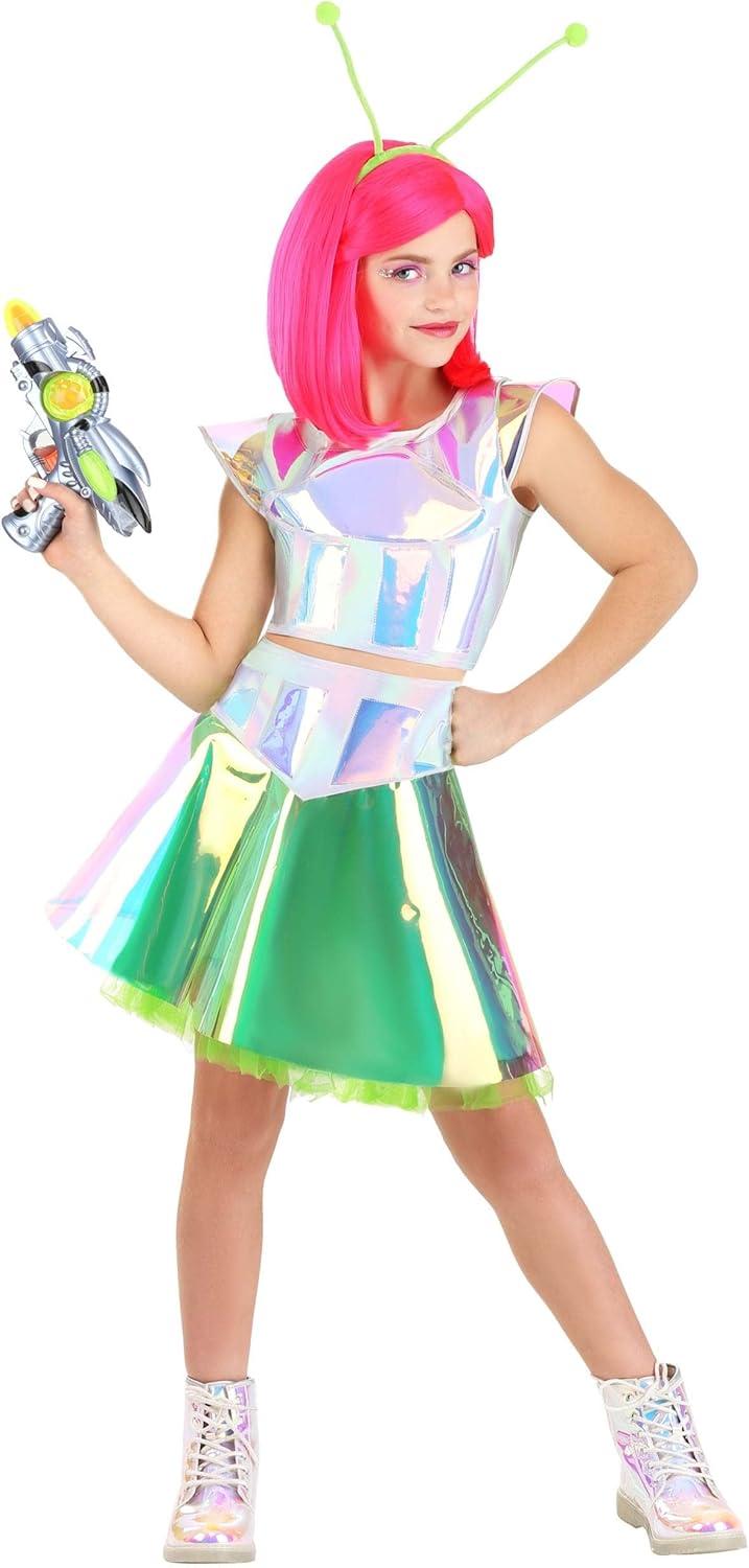 imageSupernova Surfer Alien Costume for Kids Holographic Crop Top Skirt ampamp Headband with Posable Antennae