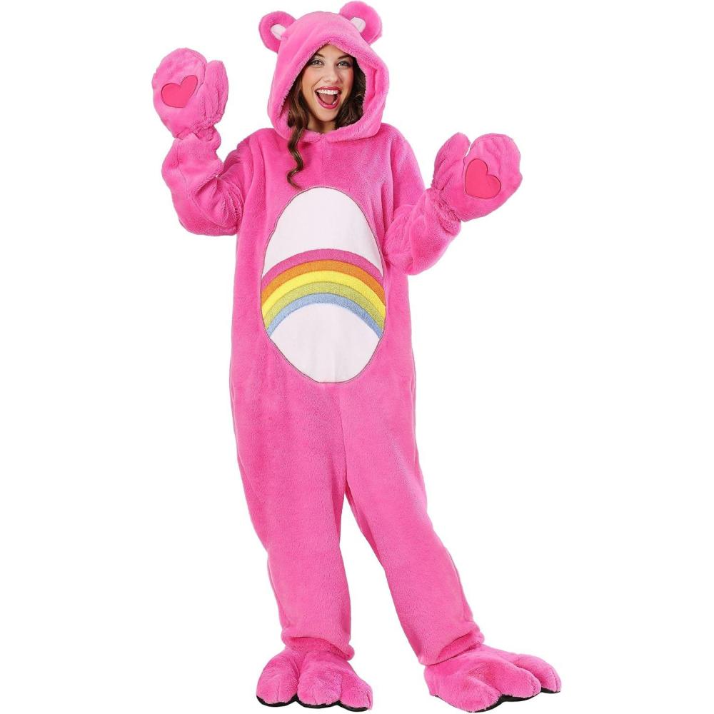 imageAdult Care Bears Cheer Bear Onepiece Unisex Pink Faux Fur Classic Rainbow Belly Badge CostumeCostume