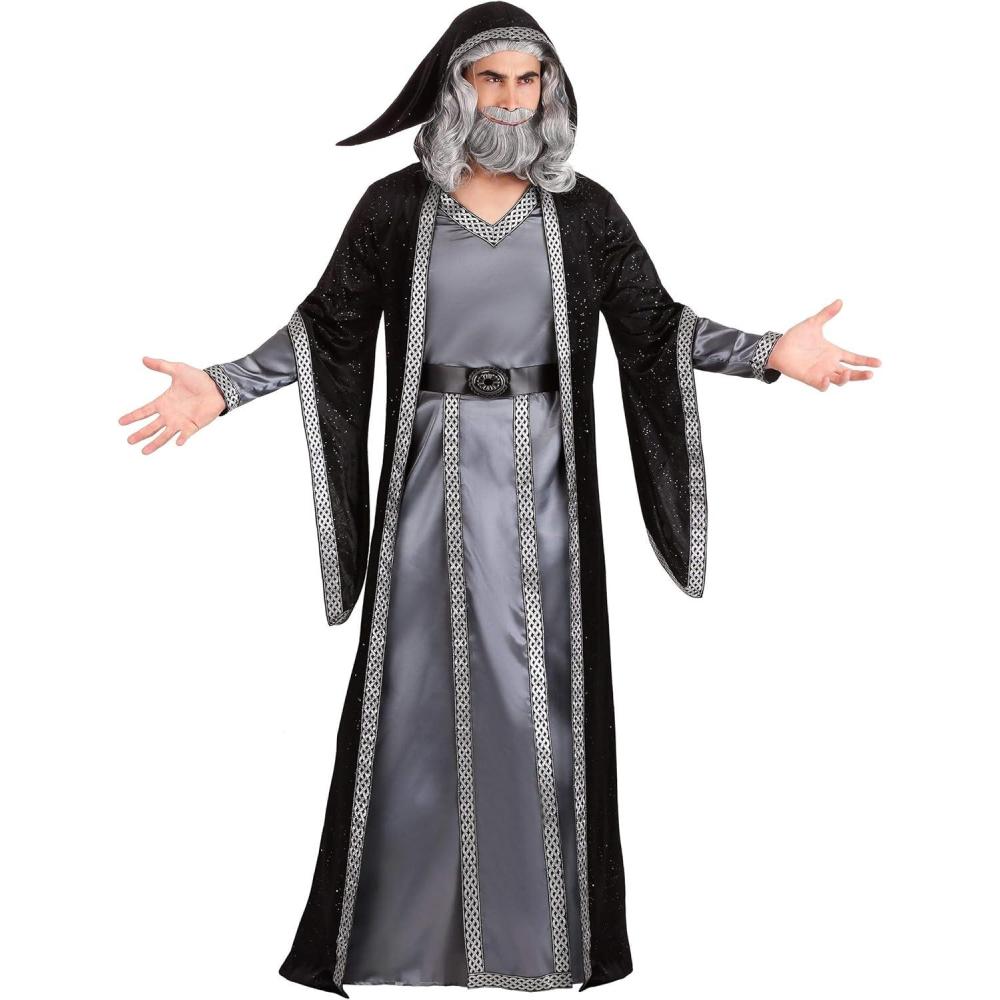 imageDeluxe Dark Wizard Costume  Satin Robe Hooded Cloak with Brocade Trim and Faux Leather Belt