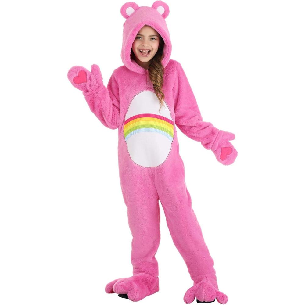 imageGirls Care Bears Deluxe Cheer Bear Halloween Costume  Pink Hooded Jumpsuit Outfit for Kids Themed Parties