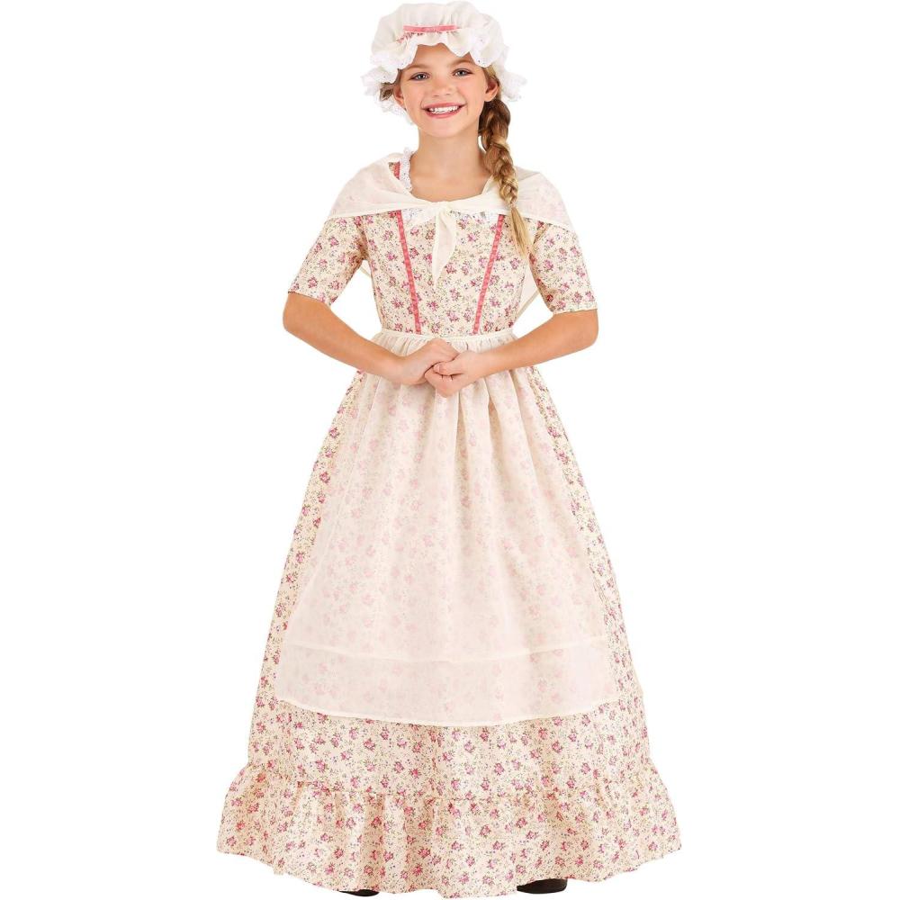 imageKids Colonial Girl Flower Print Dress Educational Revolutionary War Costume With Dress Apron Scarf And Hat