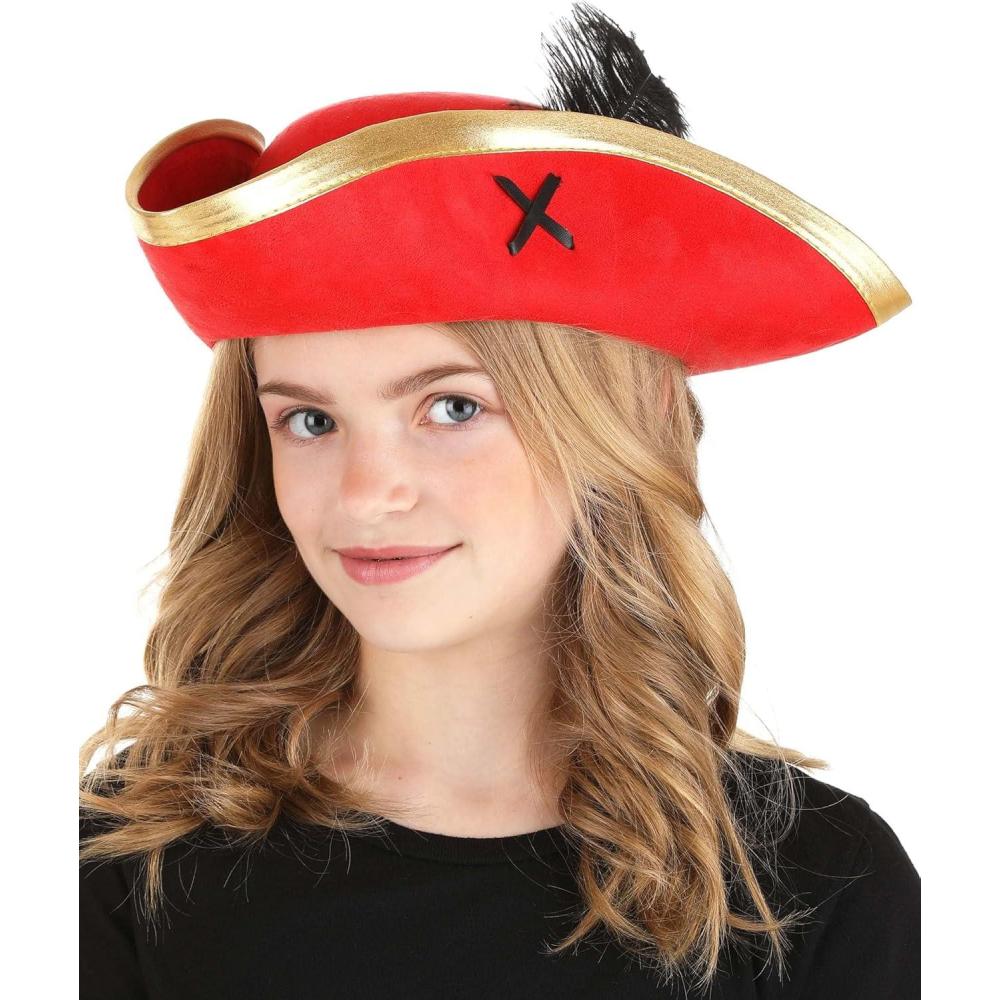 imagePirate Red Skull and Crossbones Costume Hat  Faux Suede Finish with Gold Edge and Feather One Size Fits Most