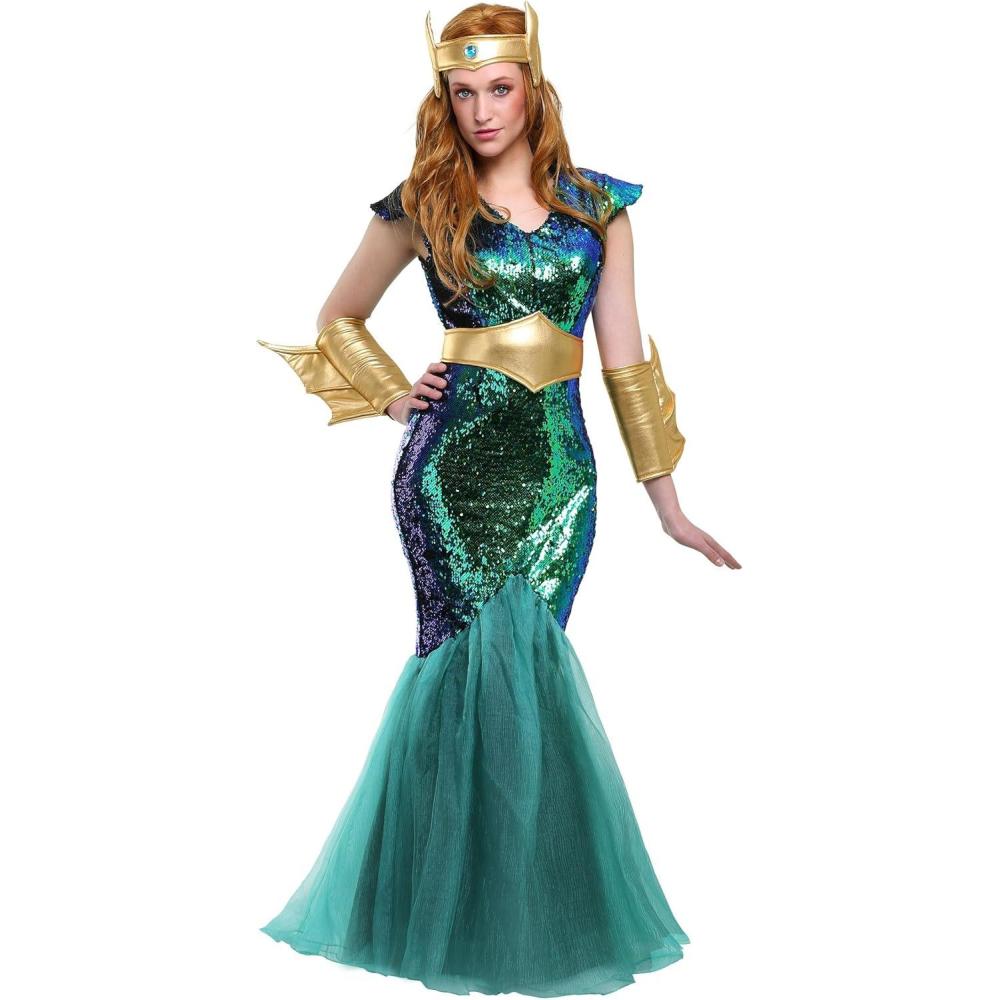 imageQueen Of The Sea Sirens Costume for Women Mermaid Queen Outfit With Iridescent Dress Belt Crown And Pair Of Wrist cuffsCostume