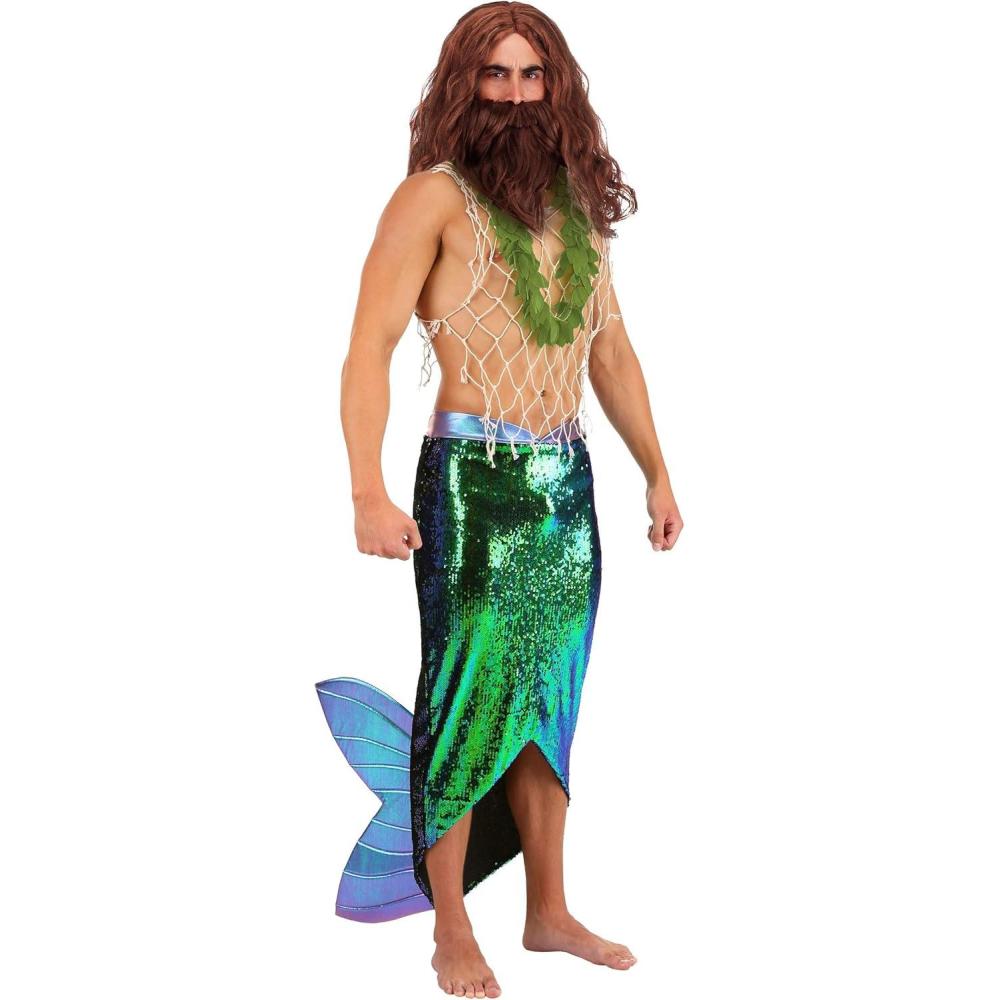 imageSalty Merman Sea Creature Mens Costume  Shimmering Tail Skirt Fishnet Top Seaweed Boa  Halloween Mermaid Dress Up