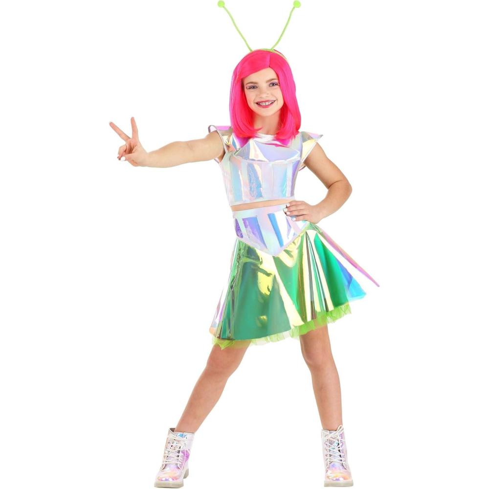 imageSupernova Surfer Alien Costume for Kids  Holographic Crop Top Skirt ampamp Headband with Posable Antennae
