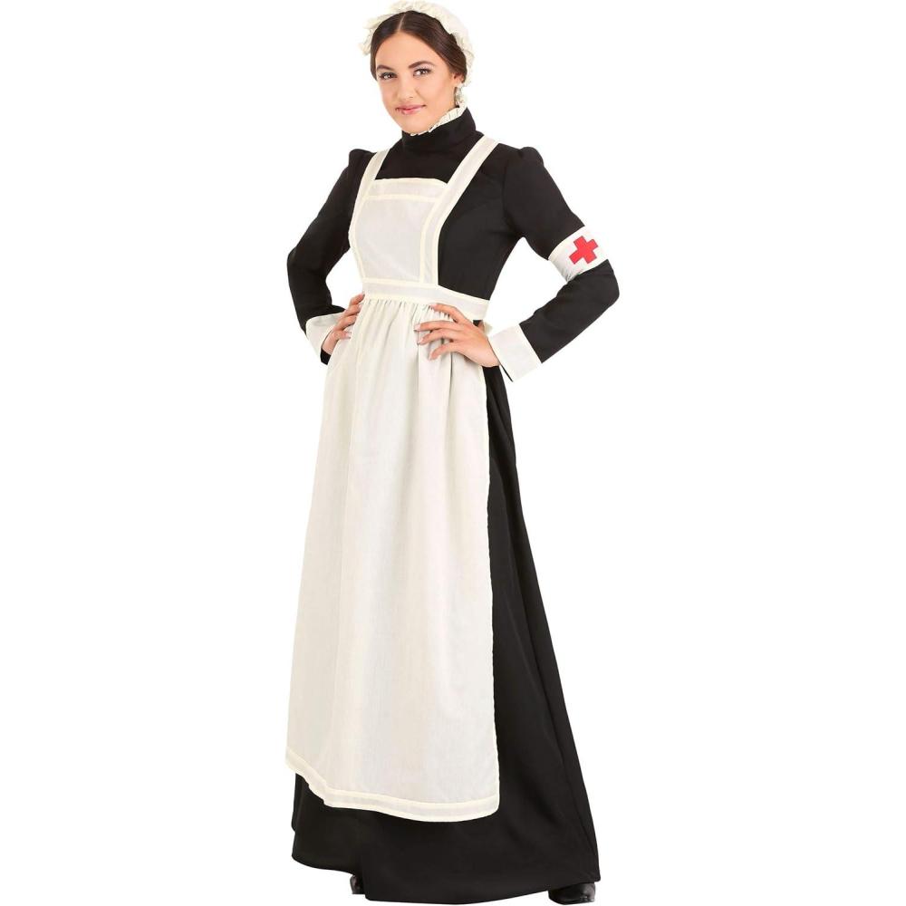 imageWomens Florence Nightingale Costume Adult Nurse Dress with Apron Bonnet and Arm Band Halloween Historical Nurse