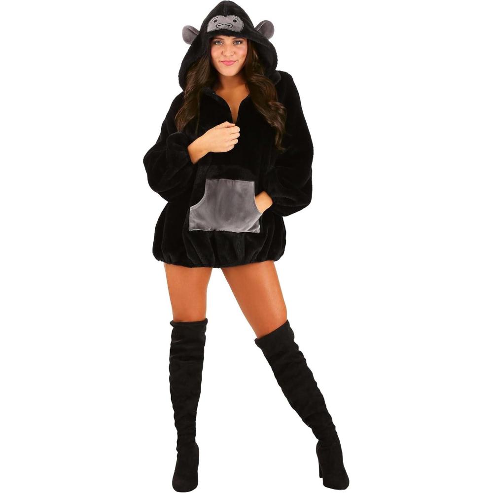 imageWomens Primate Gorilla Halloween Costume Faux Fur Dress Banana Zipper Pull