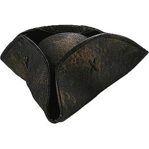 Black Caribbean Pirate Costume Hat Accessory – Faux Leather Tri-Corner Hat, Adjustable Fit