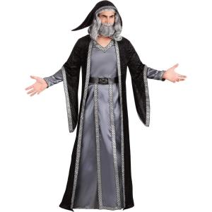 Deluxe Dark Wizard Costume – Satin Robe, Hooded Cloak with Brocade Trim, and Faux Leather Belt