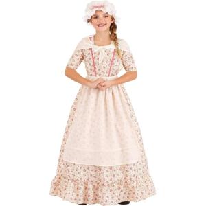 Kids Colonial Girl Flower Print Dress, Educational Revolutionary War Costume With Dress, Apron, Scarf, And Hat