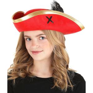 Pirate Red Skull and Crossbones Costume Hat – Faux Suede Finish with Gold Edge and Feather, One Size Fits Most