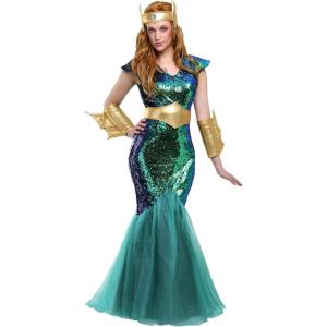 Queen Of The Sea Sirens Costume for Women, Mermaid Queen Outfit With Iridescent Dress, Belt, Crown, And Pair Of Wrist cuffs(Bundle W/ Trident)