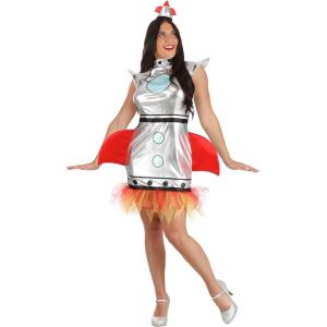 Rocket Ship Women’s Costume – Metallic Dress with Foam Rocket Headband, Shoulder Caps, Fins, Tulle Flames