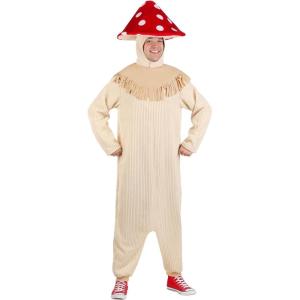 Toadstool Mushroom Adult Costume with Cream Corduroy Jumpsuit and Red Polka Dot Hat for Forest Theme Events