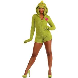 Women’s Dr. Seuss Grinch Costume – Hooded Fuzzy Romper & Gloves for Christmas or Holiday Party – Officially Licensed