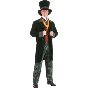 Alice in Wonderland Men’s Mad Hatter Costume with Green Velvet Jacket, Pants, Orange Vest, Ascot & Top Hat