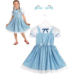 Child Farm Girl Costume Dress – Dorothy Dress, Gingham Pinafore, Hair Elastics, Tulle Petticoat