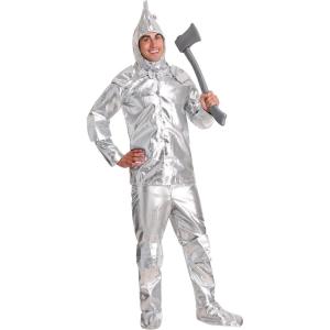 Plus Size Tin Woodsman Costume, Adult Men’s Halloween Outfit With Silver Shirt, Pants, and Attached Funnel Hood