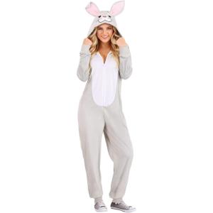 Adult Fuzzy Bunny Jumpsuit | Unisex Hooded Woodland Animal Halloween Costume | One-Piece Animal Cosplay Outfit(Gray)