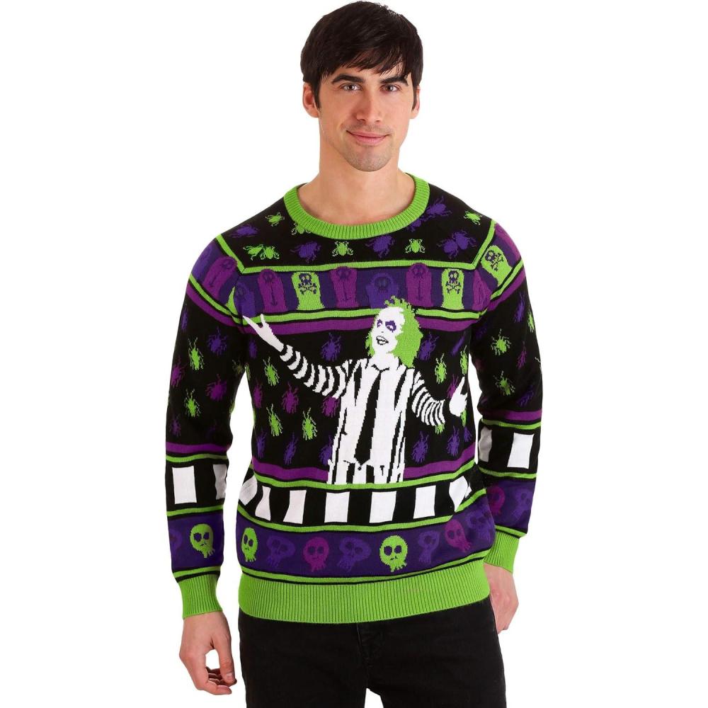 imageFun Costumes Beetlejuice Its Showtime Adult Halloween Sweater  Beetlejuice Movie Themed Sweater UnisexMulticolor