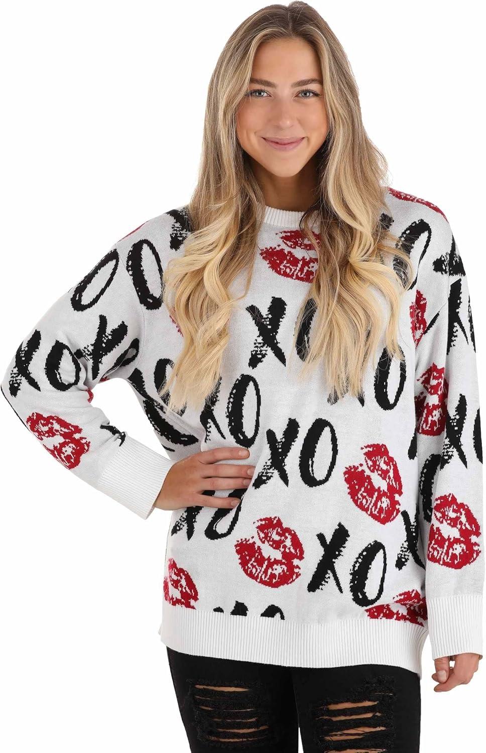 imageFun Costumes Hugs ampamp Kisses XOXO Ugly Valentines Day Sweater for Adults Cute VDay Sweatshirts Holiday Pullover Sweaters White XXLarge