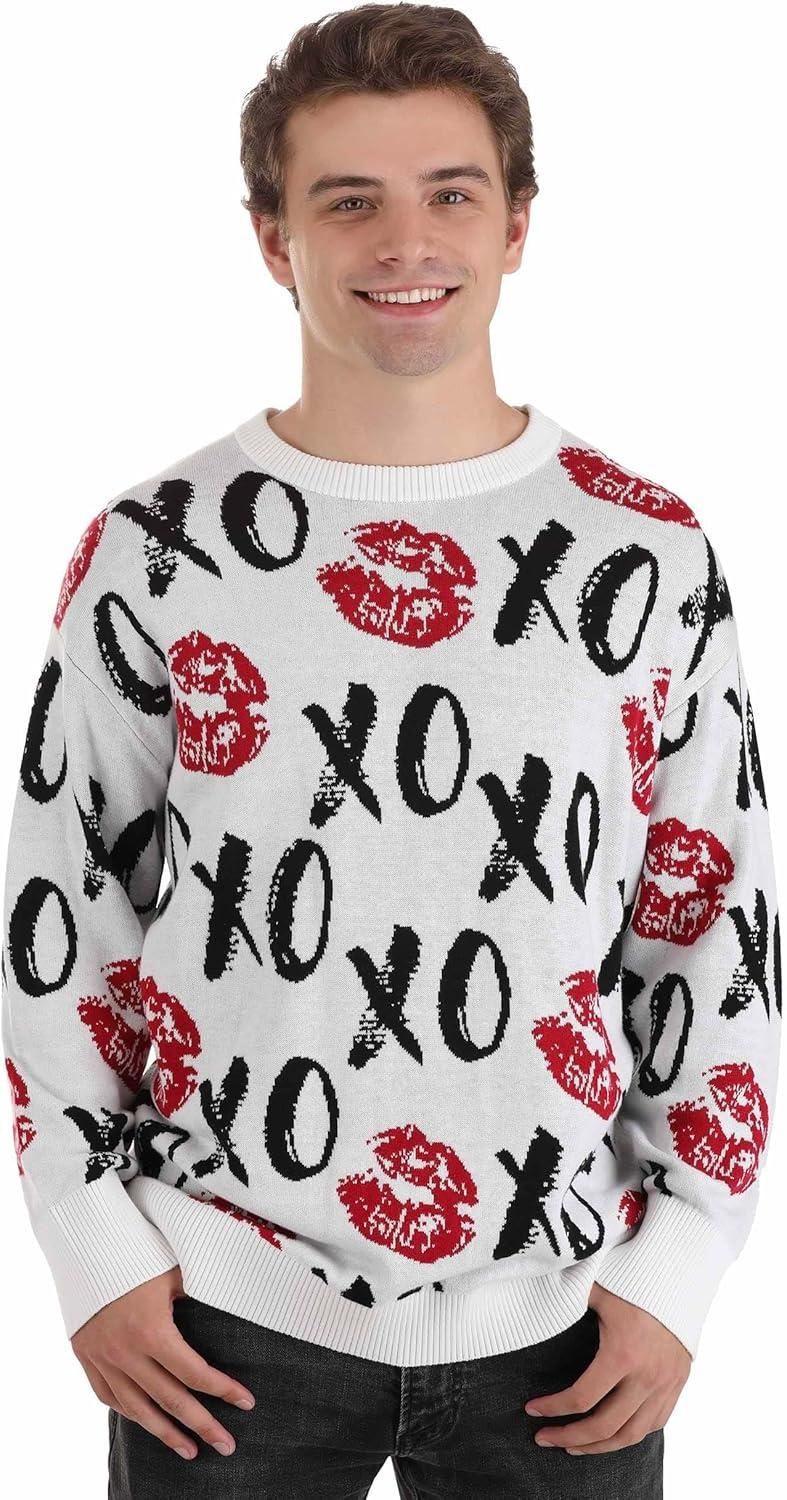 imageFun Costumes Hugs ampamp Kisses XOXO Ugly Valentines Day Sweater for Adults Cute VDay Sweatshirts Holiday Pullover Sweaters White XXLarge