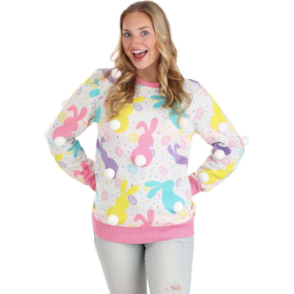 imageEaster Bunny Ugly Sweater for Adults  Pastel Rabbit Print Knit Pullover Crewneck with Pom PomsMulticolor