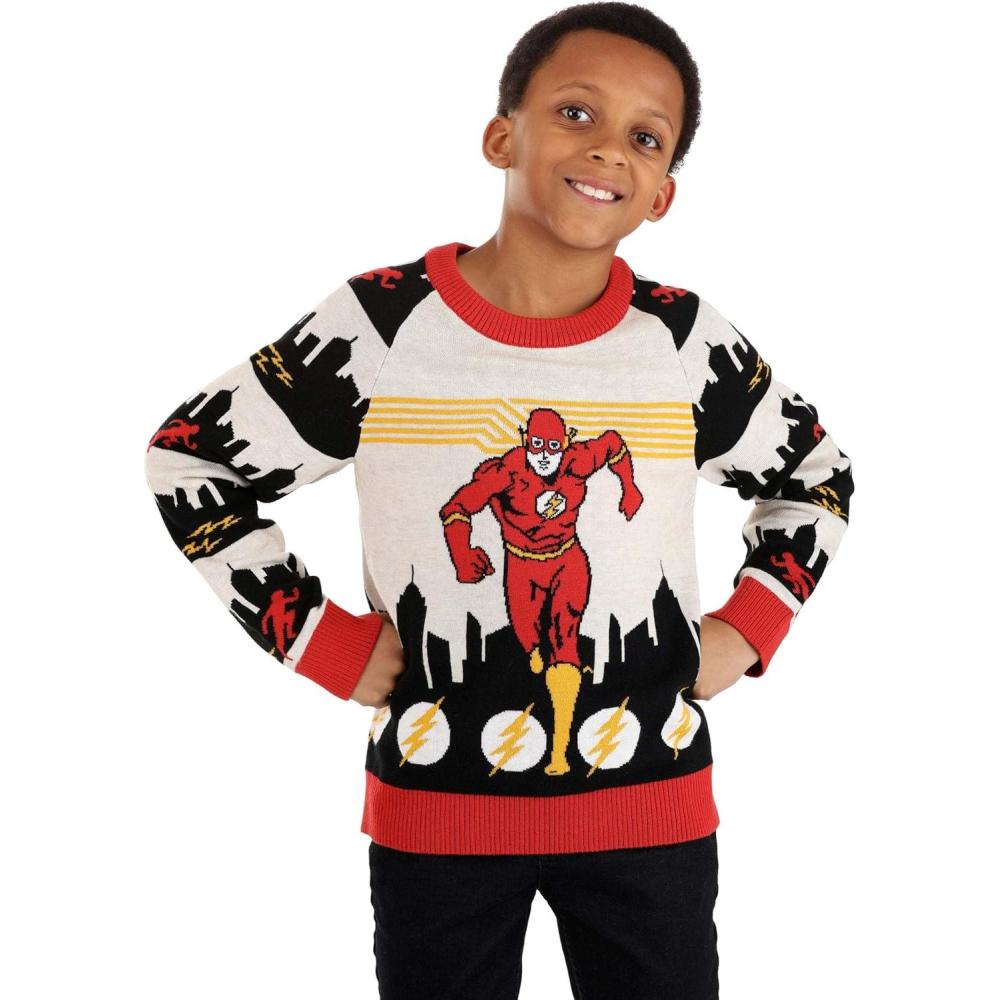 imageFlash Ugly Sweater for Kids Superhero Pullover Crewneck Sweatshirt for Boys ampamp Girls Red Superhero SweatersRed