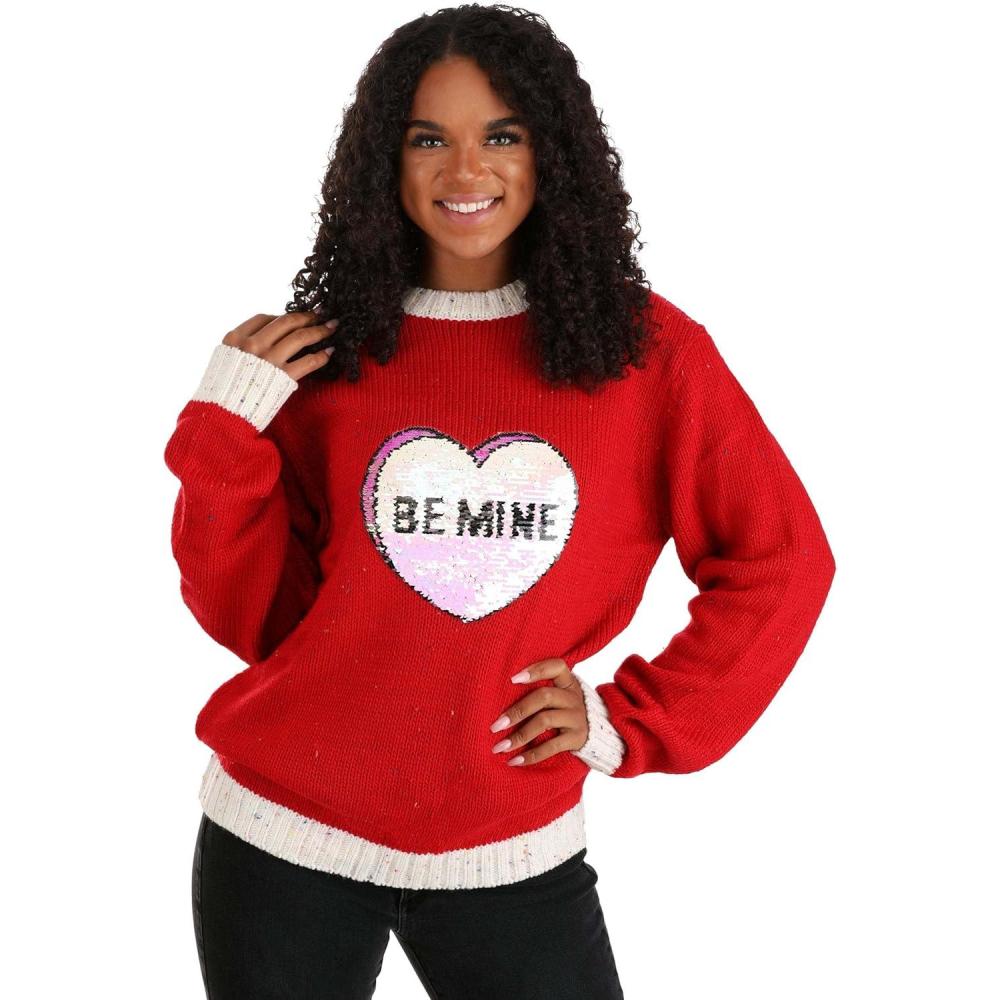 imageFun Costumes Be Mine Candy Hearts Valentines Day Sweater for Adults Womens Soft ampamp Cute VDay Holiday Crewneck Sweaters L  Red