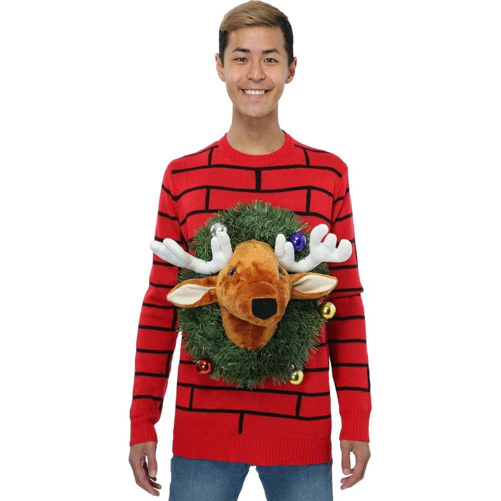 imageReindeer Head in Wreath 3D Ugly Christmas Sweater for Adults Funny Holiday Xmas Sweaters Festive Knit CrewneckRed