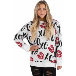 Fun Costumes Hugs & Kisses XOXO Ugly Valentines Day Sweater for Adults, Cute V-Day Sweatshirts, Holiday Pullover Sweaters – White – XX-Large