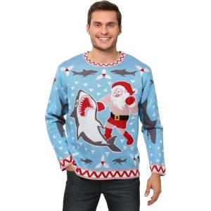 Santa vs. Shark Ugly Christmas Sweater for Adults, Funny Holiday Sweaters, Festive Knit Crewneck Sweatshirts(Multicolor)