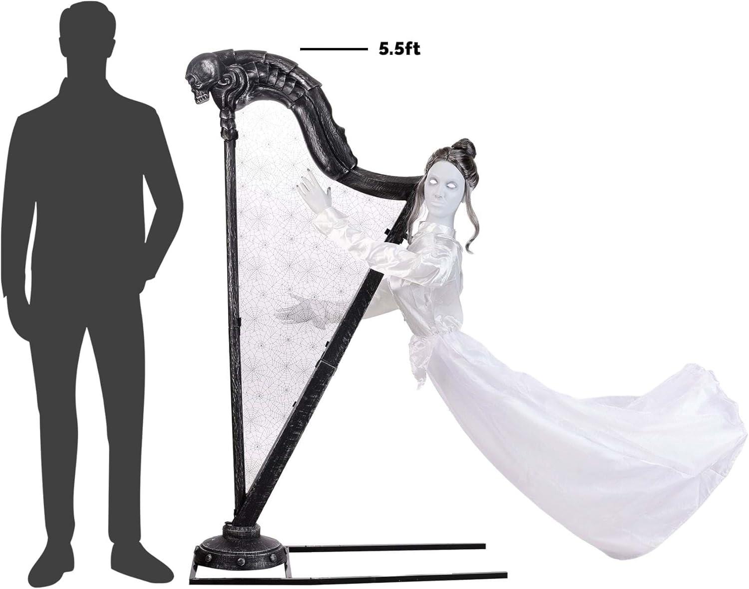 imageFun Costumes Celeste The Restless Ghost Harp Animatronic Halloween Decoration with Light Up Eyes Moving Head Sounds and Harp Music