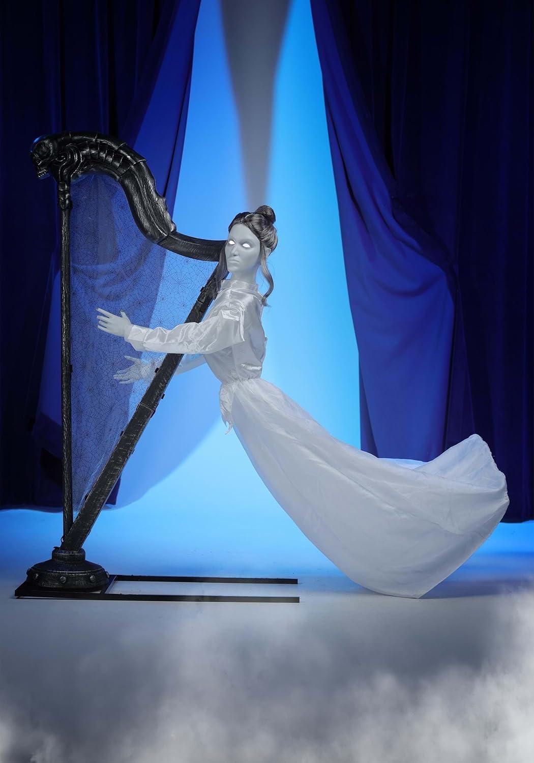 imageFun Costumes Celeste The Restless Ghost Harp Animatronic Halloween Decoration with Light Up Eyes Moving Head Sounds and Harp Music