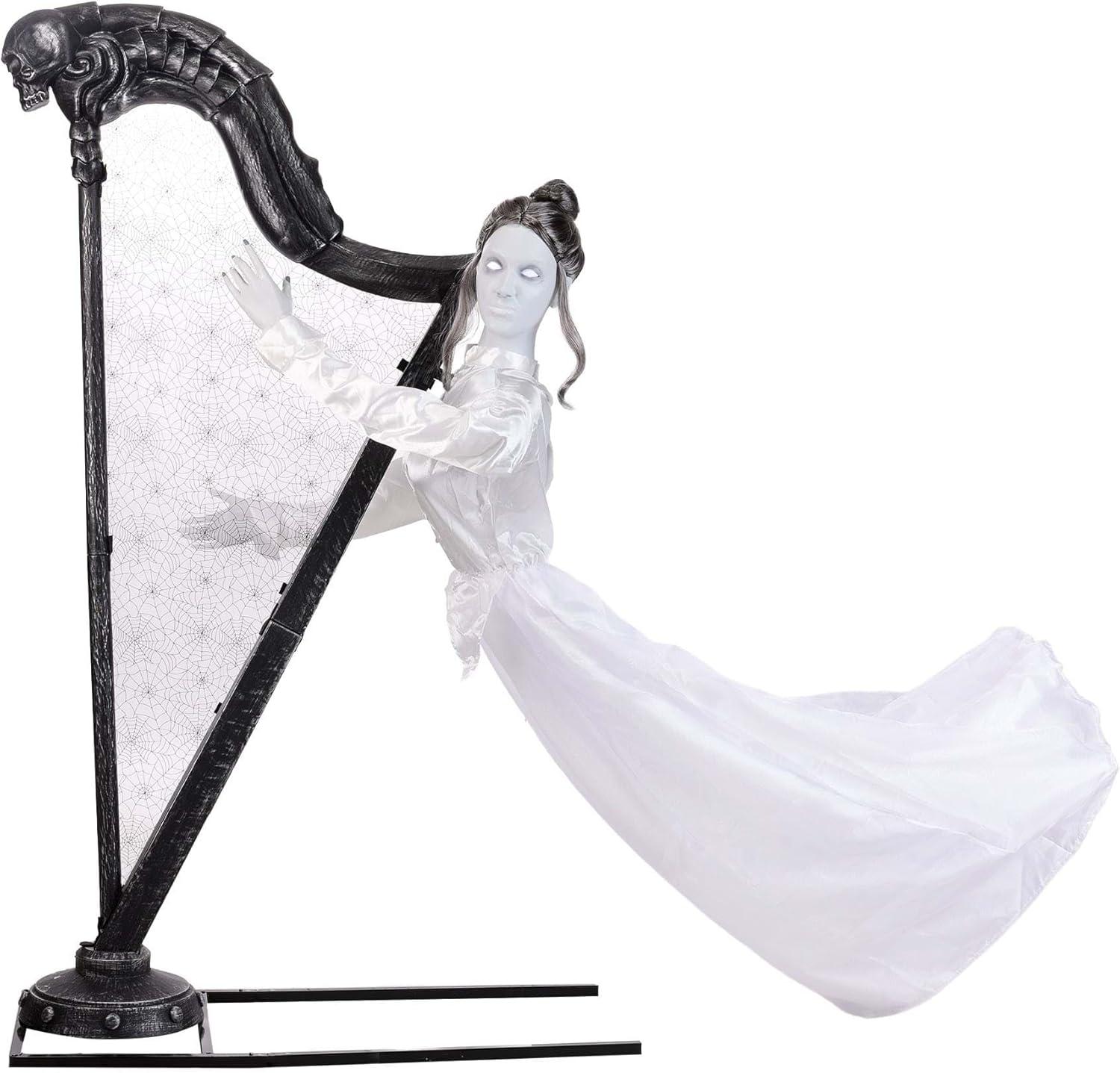 imageFun Costumes Celeste The Restless Ghost Harp Animatronic Halloween Decoration with Light Up Eyes Moving Head Sounds and Harp Music