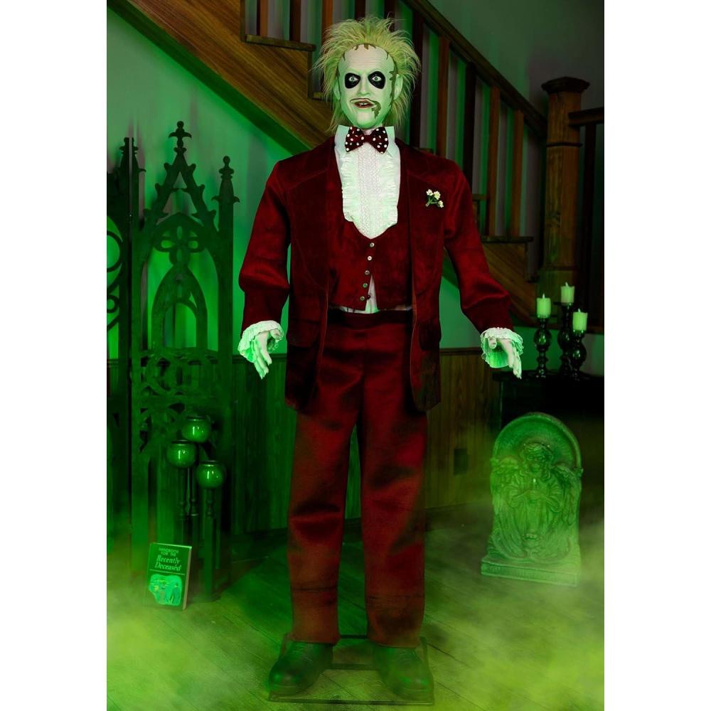 imageGemmy 6FT Beetlejuice Animatronic  Life Size Halloween Decoration with 2 Outfits Spinning Head Movie Sounds and Music