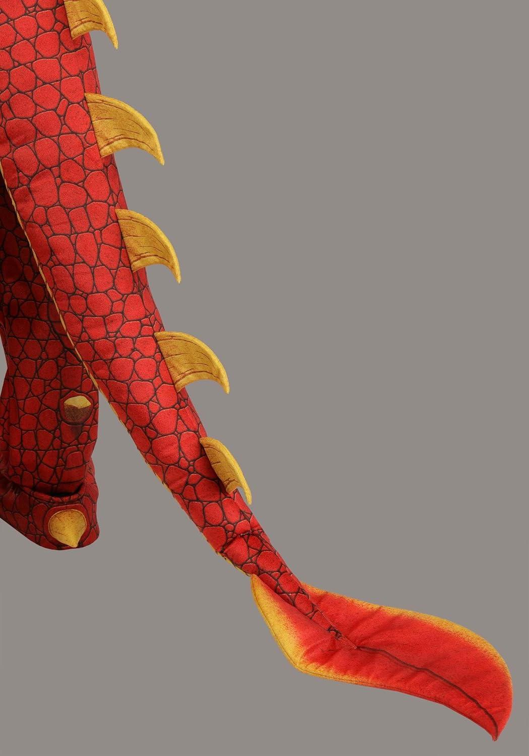 imageAdult Deluxe Red Dragon Costume Jumpsuit with Attached Hood Wings Tail and Clawed Hands Halloween Cosplay Outfit