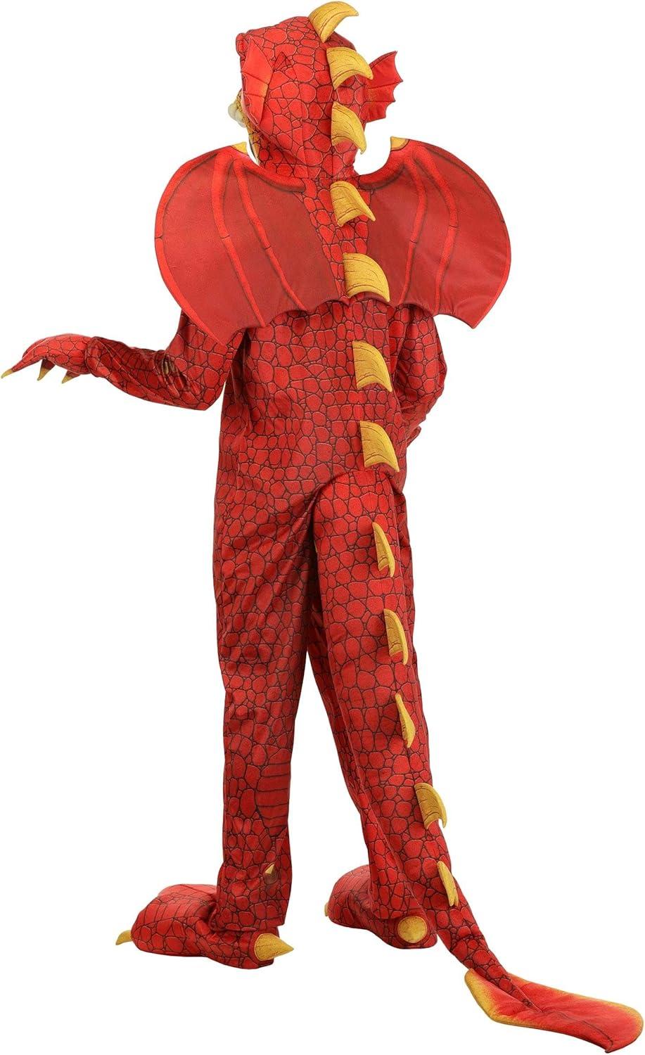imageAdult Deluxe Red Dragon Costume Jumpsuit with Attached Hood Wings Tail and Clawed Hands Halloween Cosplay Outfit