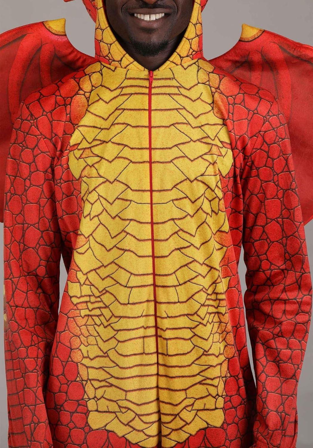 imageAdult Deluxe Red Dragon Costume Jumpsuit with Attached Hood Wings Tail and Clawed Hands Halloween Cosplay Outfit