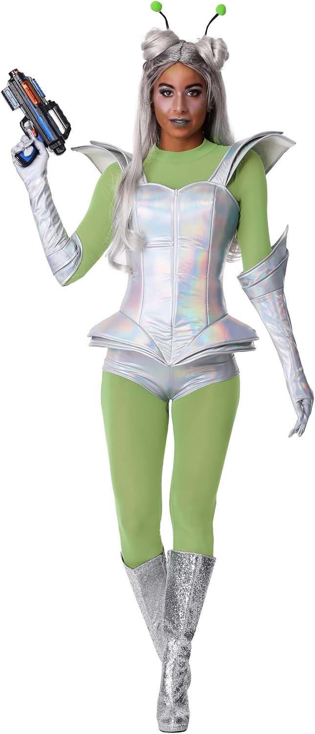 imageAlien Girl Costume Adult Womens Galactic Extraterrestrial Halloween Outfit Mesh Shirt Pants Armor Vest Gloves Antennas