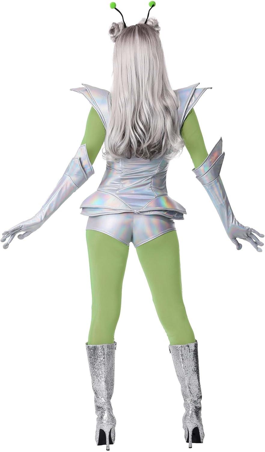 imageAlien Girl Costume Adult Womens Galactic Extraterrestrial Halloween Outfit Mesh Shirt Pants Armor Vest Gloves Antennas
