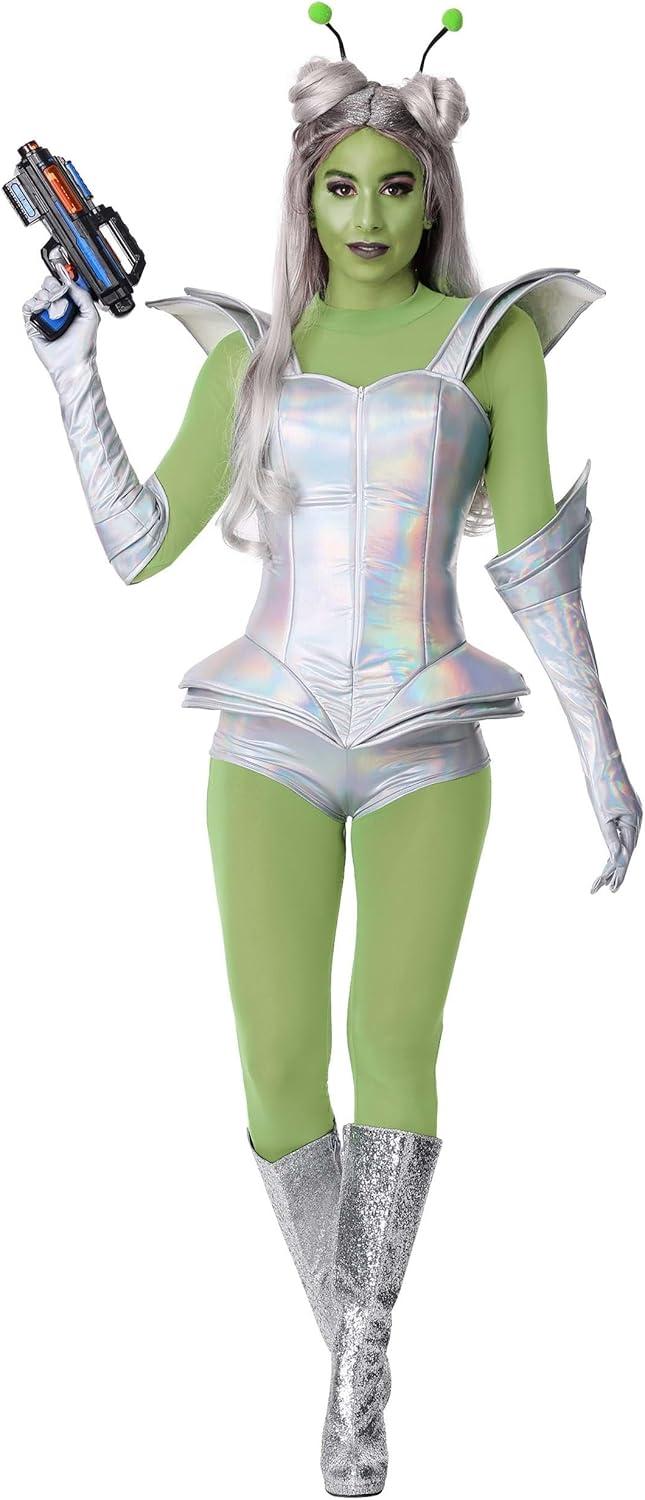 imageAlien Girl Costume Adult Womens Galactic Extraterrestrial Halloween Outfit Mesh Shirt Pants Armor Vest Gloves Antennas